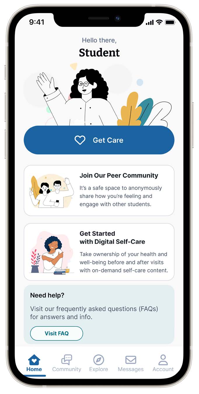 TimelyCare app in phone showing Get Care button, Join Our Peer Community--a safe space to anonymously share how you're feeling and engage with others, a Get Started button, and an FAQ link.