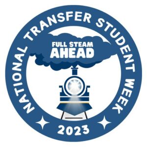 National Transfer Student Week 2023 logo -- Full Steam Ahead -- with image of locomotive