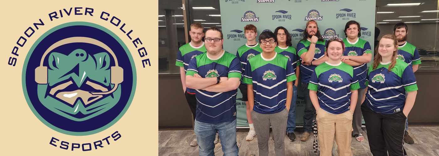 Team photo of Spoon River College 2024 Esports team, with Snappers Esports logo on the left: Spoon River College Esports