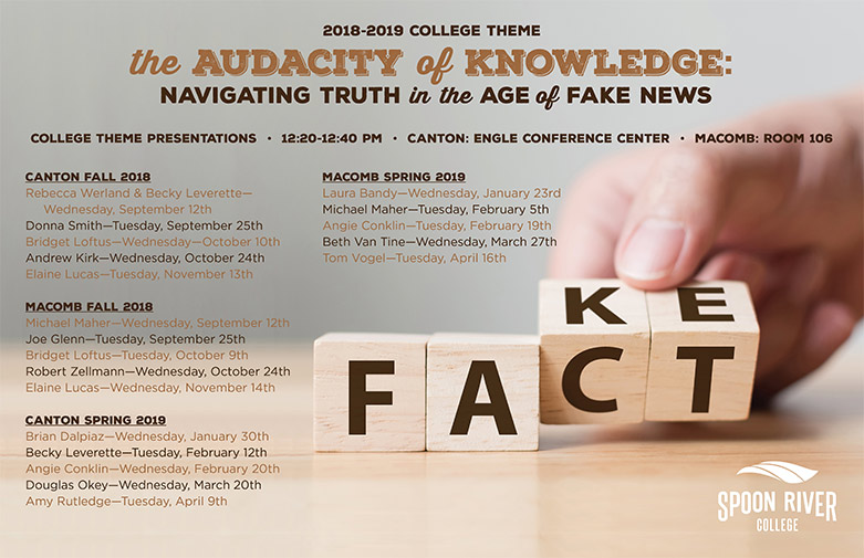 2018-2019 College Theme -- Audacity of Knowledge: Navigating Truth in the Age of Fake News (includes a list of times, locations, and presenters for each. Also includes an image of a hand with alphabet blocks: F A C T, turning the C and the T to be K and E --implying FACT or FAKE)