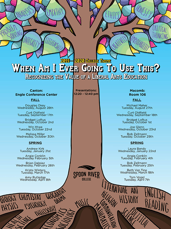 2019-2020 College Theme: When am I Ever Going to Use This? Recognizing the Value of a Liberal Arts Education (including lists of locations, dates, and presenters for each) also has a graphic image of a tree with roots each labeled with various areas of study (such as biology, chemistry, philosophy, mucis, etc.), and the leaves each labeled with 