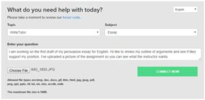 Screenshot of "What do you need help with today?" window, with example selections for Topic, Subject, Enter your Question, and Choose File button. (Allowed file types are: bmp, doc, docx, gif. htm, html, jpg, jpeg, pdf, png,ppt, pptx, rtf, txt, xls, xlsx, accdb, mdb. With a Connect now button.