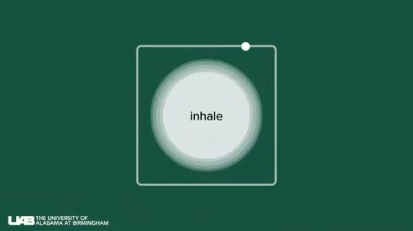 Image of a square with a dot moving around the perimeter, and a circle in the middle of the square with the word 'inhale' Also a logo of the University of Alabama Birmingham in the lower left corner.