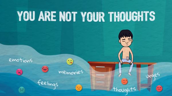 Text: "You Are Not Your Thoughts" above a cartoon of a boy sitting on a table, with flowing images and the words: emotions, feelings, memories, thoughts, urges