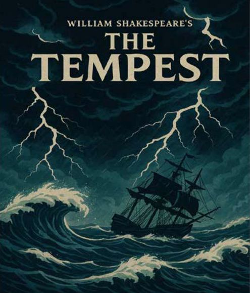 Info-graphic with William Shakespeare's The Tempest over image of a ship on a tumultuous stormy sea