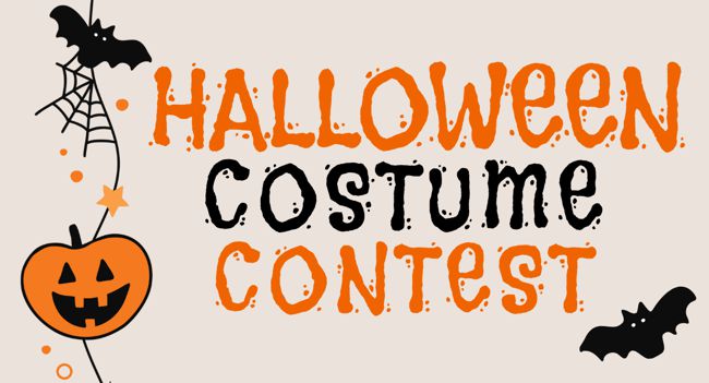 Info graphic with bats, jack-o-lantern, and text: Halloween Costume Contest
