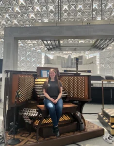 image of Sarah Gebhardt after playing the Hazel Wright Organ at Christ Cathedral in California