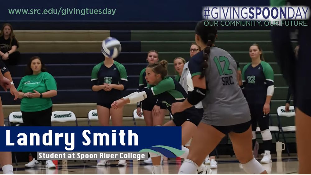 SRC student, Landry Smith in an action shot playing volleyball, surrounded by team members. Includes text that reads: www.src.edu/givingtuesday and #GIVINGSPOONDAY Our Community. Our Future.