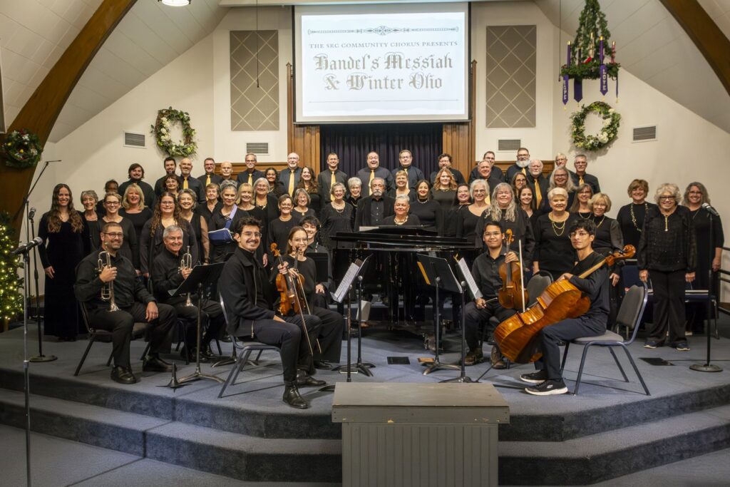 Complete cast on stage of 2025 SRC Community Chorus Handel's Messiah and Winter Olio, including the members of the WIU International String Quartet