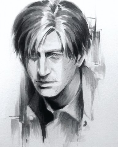Drawing: Guilt by Sara Stufflebeam. A charcoal or ink portrait of a young man with shaggy blond hair partially falling over his eyes. His expression is guarded and pensive. The style is loose and gestural, with expressive marks suggesting shadow around the face and shoulders.