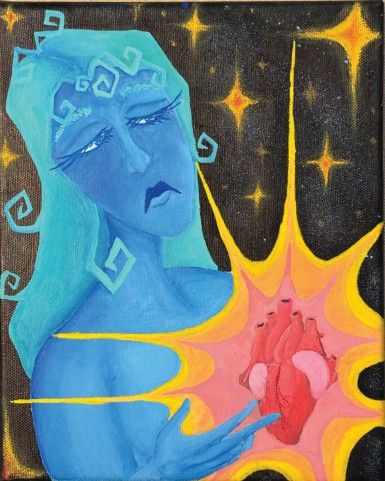 Painting: Soul by Carl Moreland. A blue-skinned woman holding a glowing red heart against a starry sky.