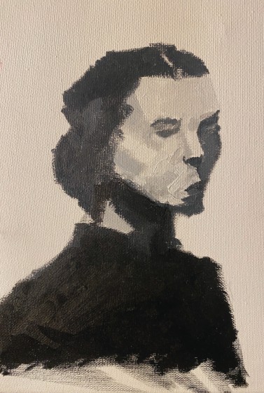 Painting: The Matron by Faith Isme. A monochromatic painted portrait of a woman in profile, looking to the right with eyes downcast. She wears a dark turtleneck or high-collared garment. Her hair is swept back. The style is loose and painterly, using black and grey washes on a pale canvas, with deliberate areas left unfinished or abstracted.