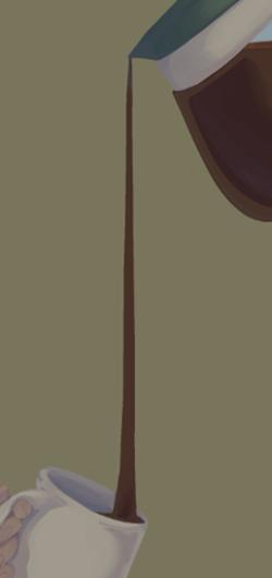 Cartoon graphic of pitcher of coffee being poured into a coffee cup in a long stream